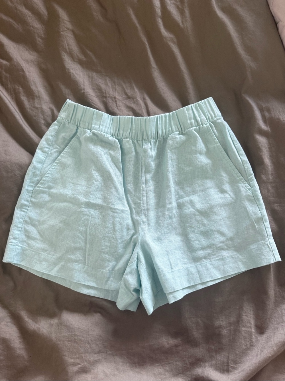 LOFT Mint Blue Elastic-Waist Linen-Blend Shorts